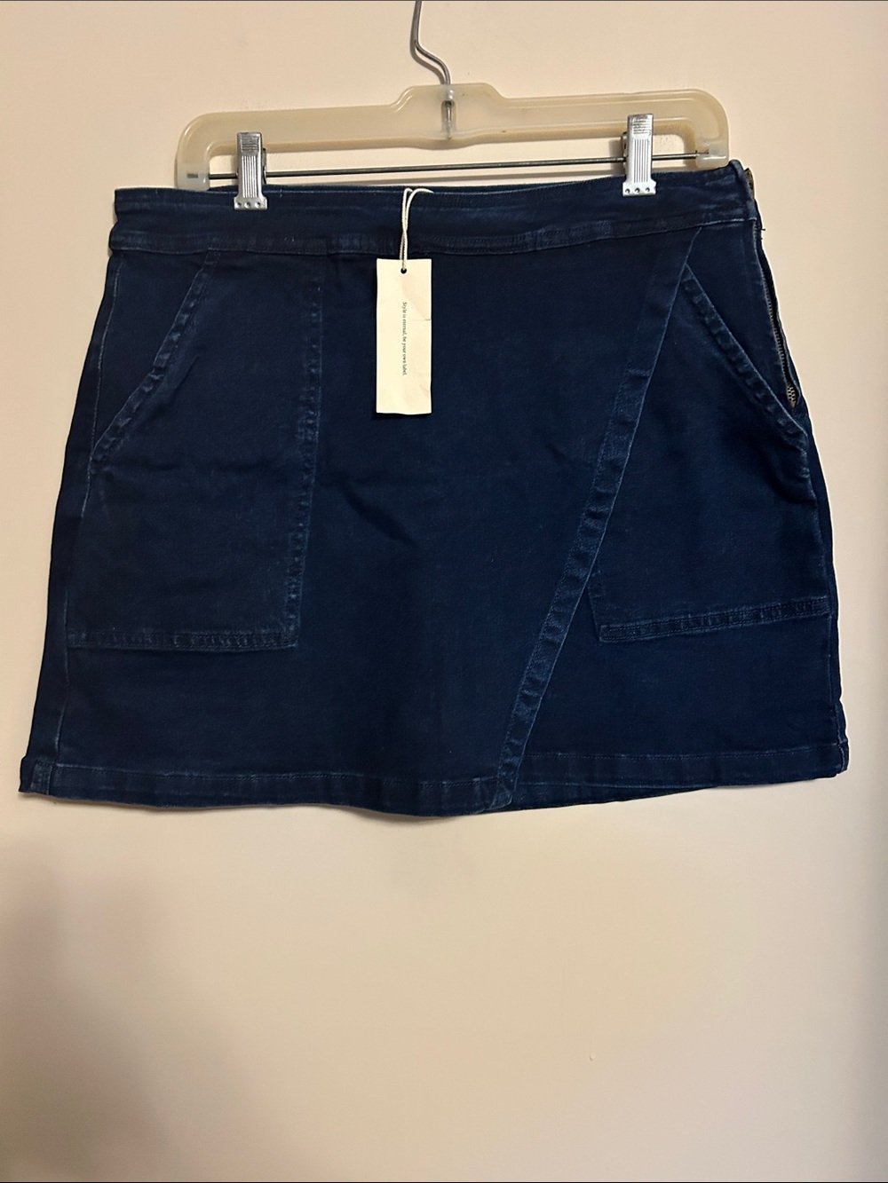 Luvamia blue denim wrap around look denim mini skirt size large style tag on